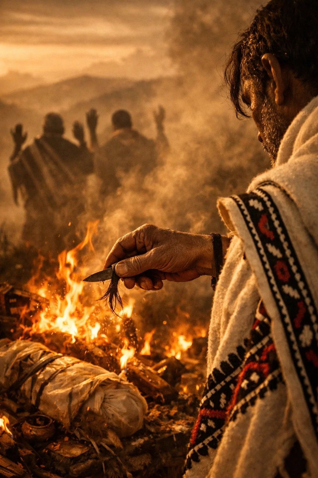 चिता में बाल काटकर डालने की प्रतीकात्मक AI तस्वीर।