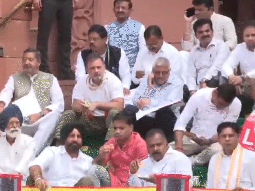 विरोध प्रदर्शनादरम्यान संसद परिसरातील पायऱ्यांवर राहुल गांधींनी चहा आणि बिस्किट खाल्ले.