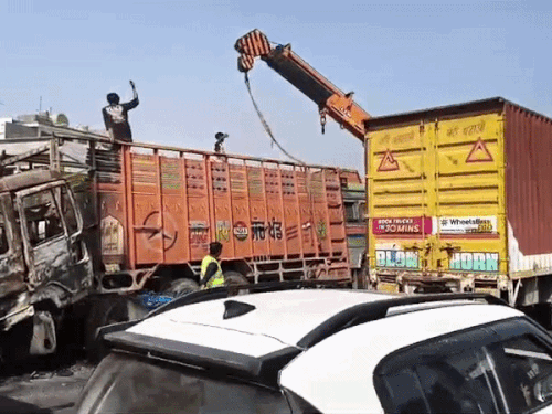 Panipat NH44 Accident: Container Truck Catches Fire, Drivers Safe