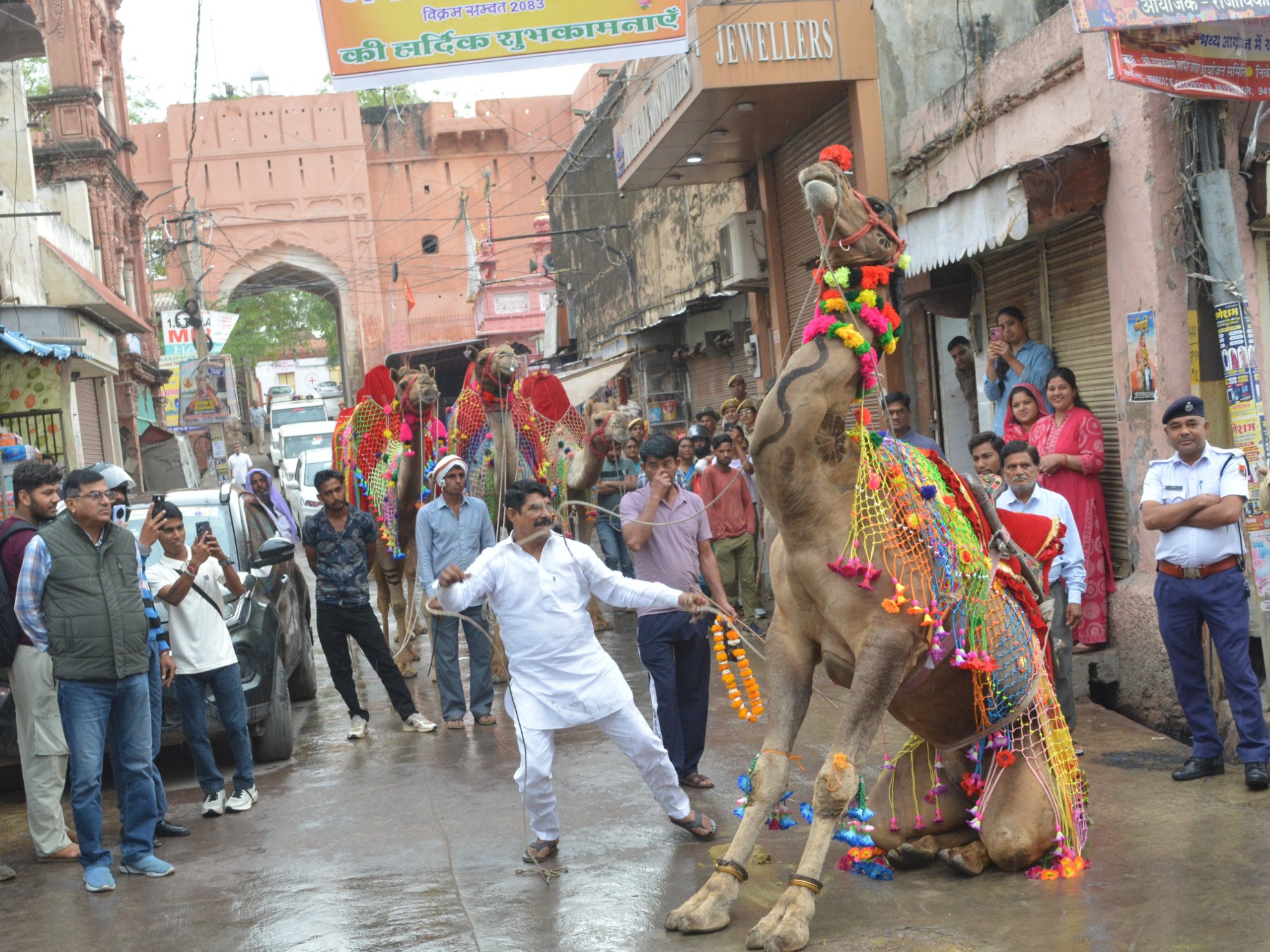 महोत्सव के दौरान ऊंट के करतब दिखाता एक व्यक्ति।