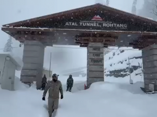 लाहौल स्पीति के अटल टनल रोहतांग में ताजा बर्फबारी के बाद पैदल चलते हुए लोग। - Dainik Bhaskar