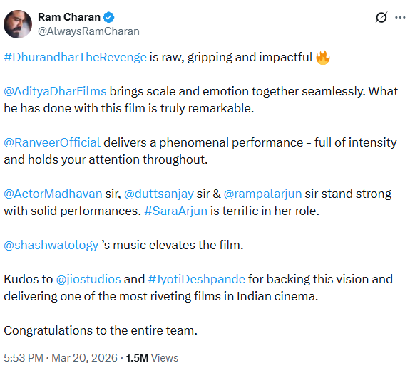 राम चरण का ट्वीट।