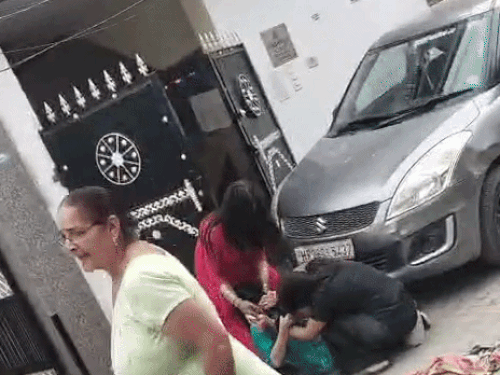 गुरुग्राम में कुत्तों को पकड़ने को लेकर आपस में लड़ाई करती महिलाएं और परिवार के अन्य लोग।