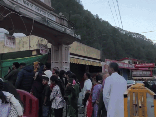 नैनीताल के कैंची धाम में आधा किलोमीटर लंबी लाइन लगी है।