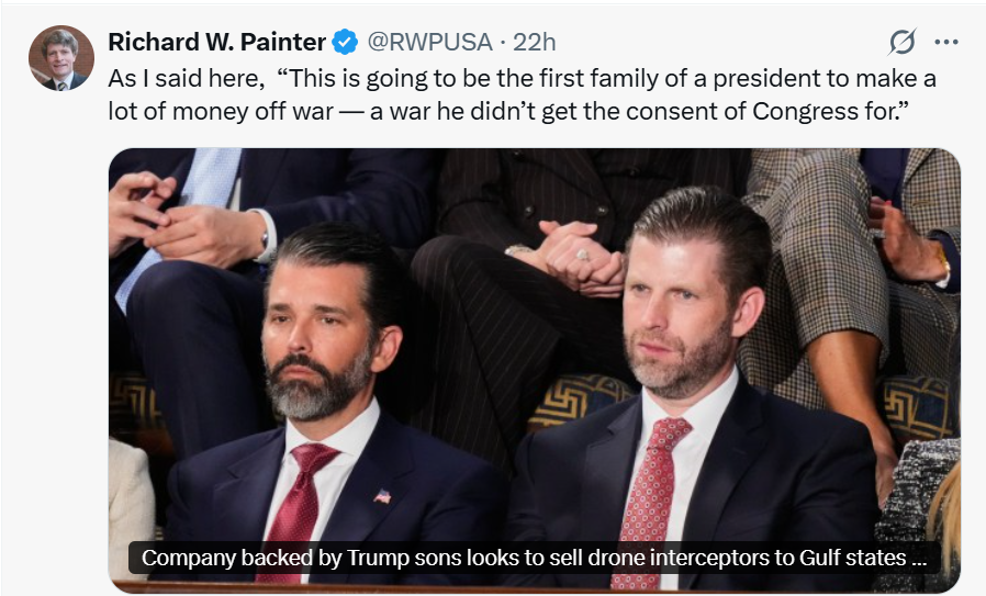 रिचर्ड पेंटर ने X पर पोस्ट कर ट्रम्प परिवार को ‘युद्ध से फायदा कमाने वाला’ बताया।