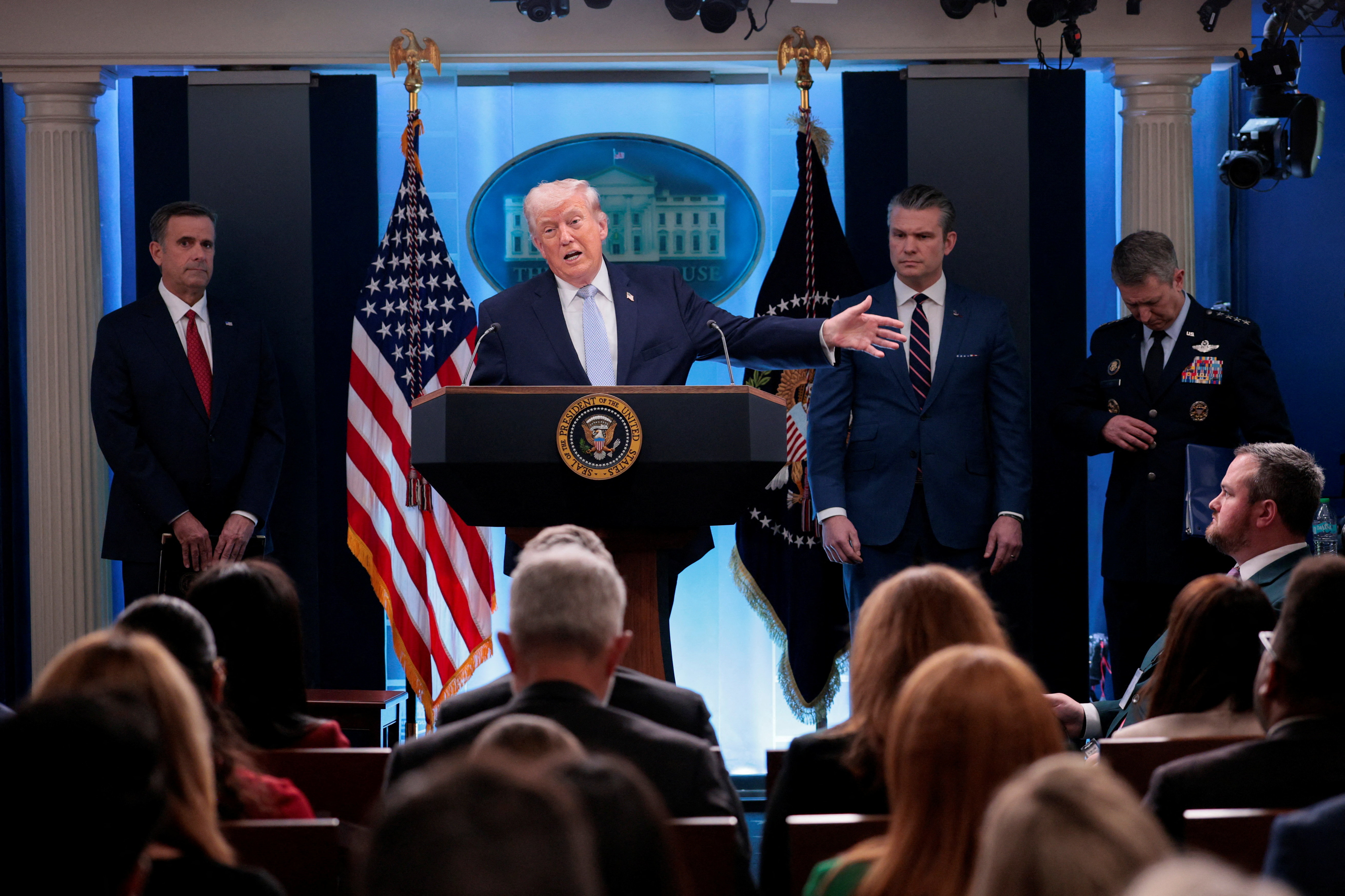 Defense Secretary Pete Hegseth, Joint Chiefs of Staff Chairman Dan Kane and CIA Director John Ratcliffe were also present at the press conference with Trump.