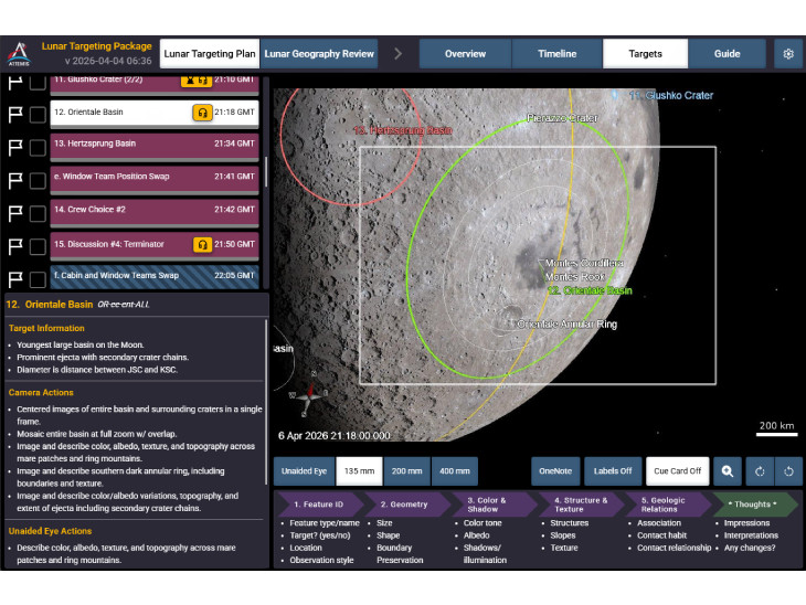 यह उस एप्लिकेशन का स्क्रीनशॉट है जिसे आर्टेमिस II का क्रू अपने PCDs पर देखता है। यह सॉफ्टवेयर उन्हें चांद से जुड़े वैज्ञानिक ऑब्जर्वेशन प्लान को पूरा करने में गाइड करता है।