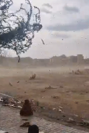 झांसी में मंगलवार शाम तेज आंधी चली, जिससे धुएं का गुबार उड़ने लगा।