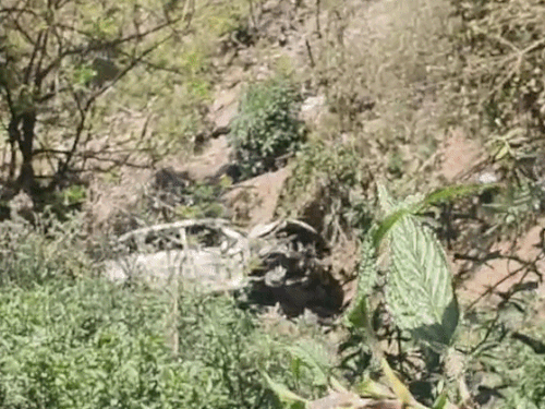 हादसे के बाद कार खाई में पड़ी।