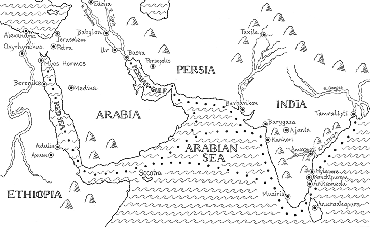 विलियम डार्लिंपल की किताब द गोल्डन रोड में प्राचीन तामिलनाडु के तीन बंदरगाहों का मैप।