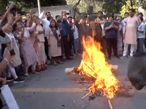 दिल्ली में राहुल गांधी के घर के बाहर भाजपा ने उनका पुतला जलाया।