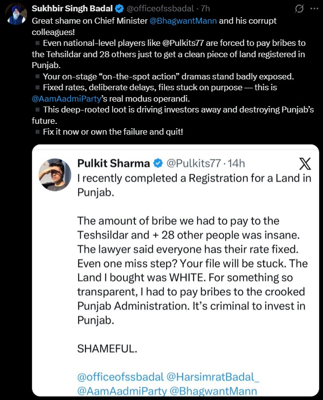 सुखबीर बादल ने पुलकित के पोस्ट को रीट्वीट किया।