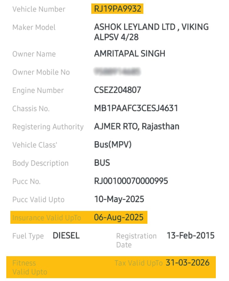 RC में बस का इंश्योरेंस और फिटनेस, दोनों खत्म हो चुके हैं।