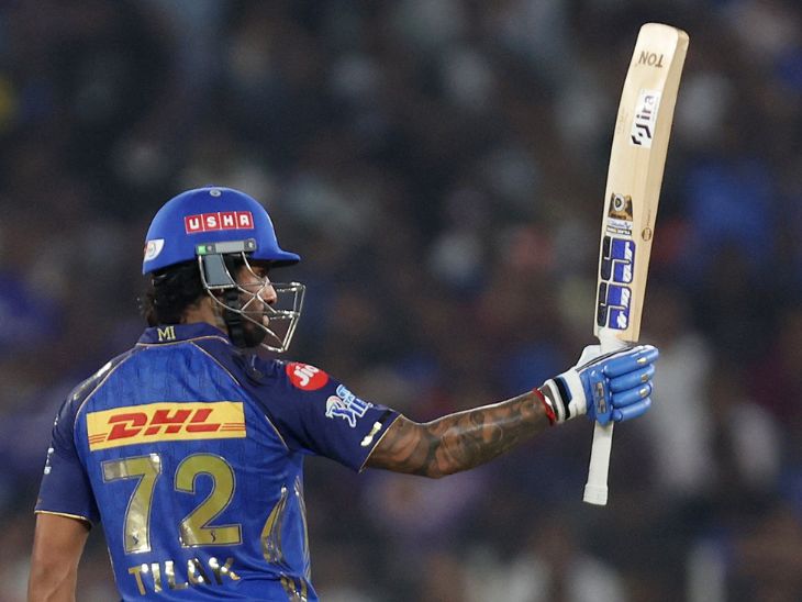 तिलक वर्मा ने 20वें ओवर की आखिरी बॉल पर चौका लगाकर अपना पहला शतक पूरा किया। - Dainik Bhaskar