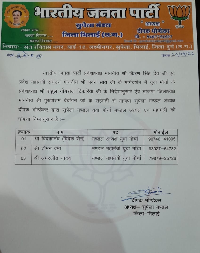 सुपेला मंडल अध्यक्ष की ओर से जारी की गई आदेश की कॉपी।