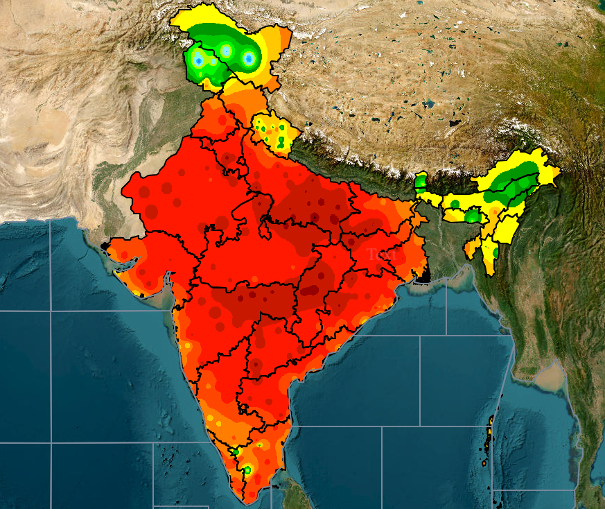 मौसम विभाग ने मैप में आज का मौसम दिखाया है। नक्शे में लाल रंग से दिखाए गए हिस्से में हीटवेव और तेज गर्मी का असर है। सोर्स- IMD