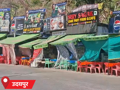 उदयपुर में गर्मी के चलते फतहसागर झील के पास सड़क पर लगी दुकानों को पर्दों से ढका हुआ।