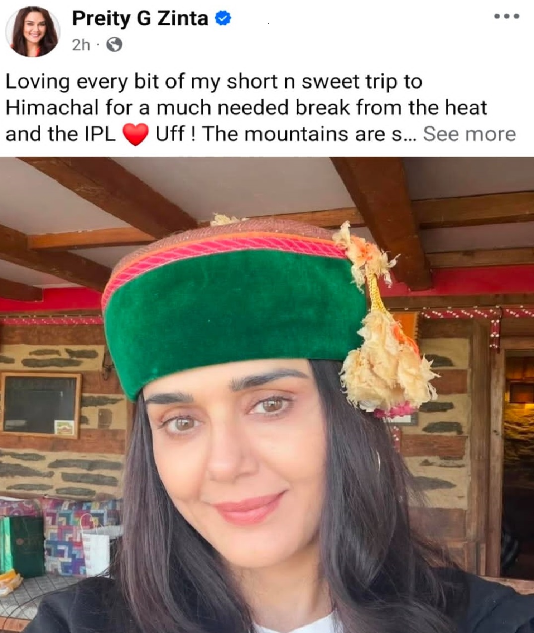 प्रीती झिंटाने लिहिलेला संदेश आणि पहाडी टोपीसोबतचा फोटो.