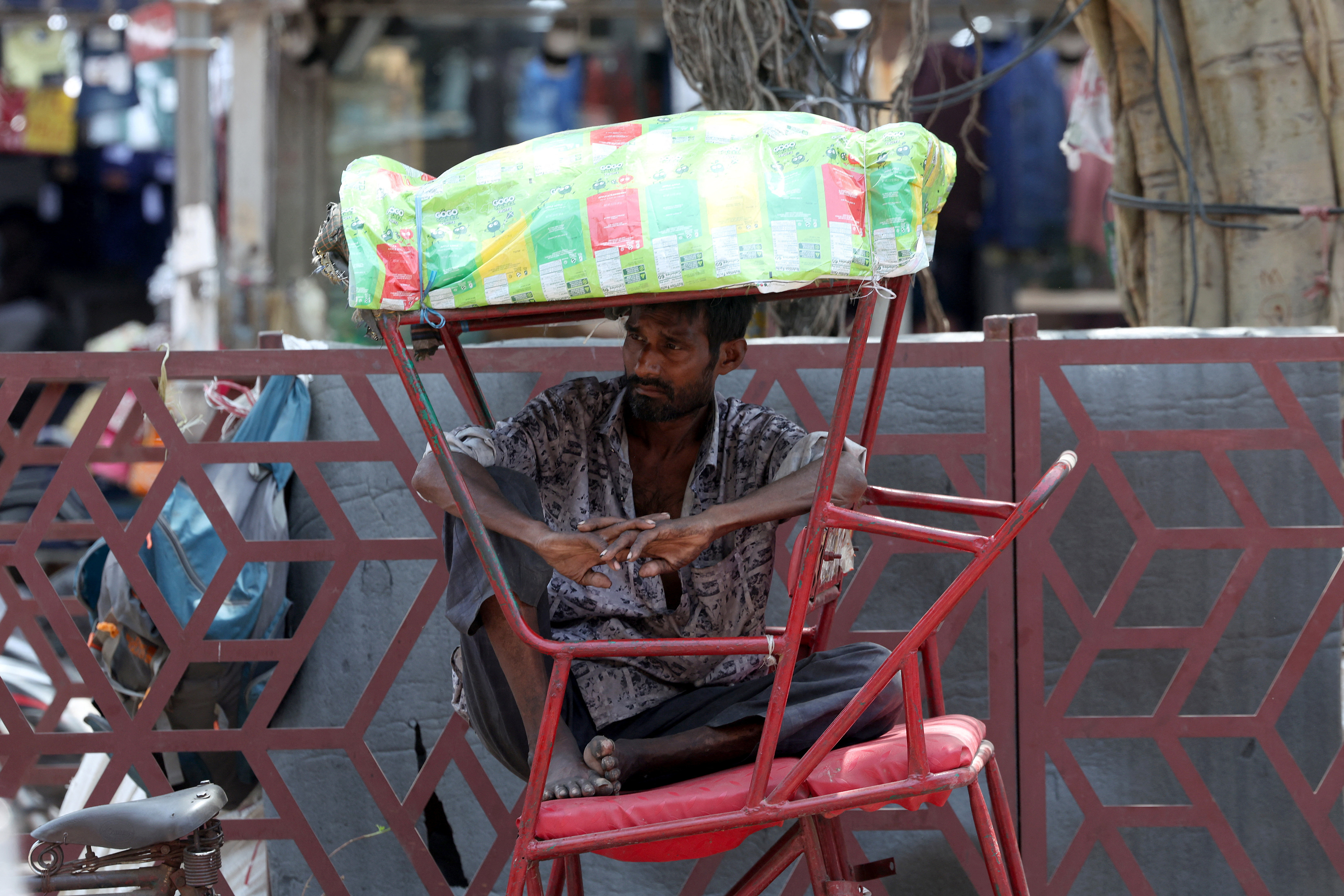 दिल्लीत एक रिक्षाचालक कडक उन्हापासून वाचण्यासाठी आपल्या रिक्षावर सावलीत बसलेला दिसला.