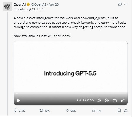 ओपनएआई ने 23 अप्रैल को सोशल मीडिया प्लेटफॉर्म X पर पोस्ट शेयर कर GPT-5.5 लॉन्च की जानकारी दी।