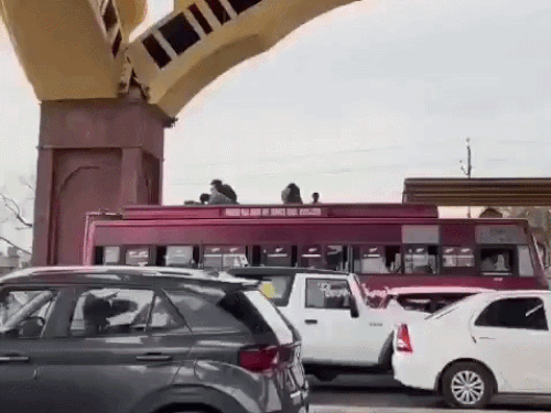 बस की छत पर हाथापाई करते लोग।