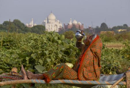 आगरा में 43.9°C पारा होने के बाद ताज महल के पास एक खेत में भीषण गर्मी के बीच पानी पीती बुजुर्ग महिला।