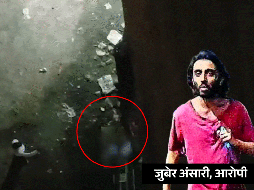 CCTV फुटेज में आरोपी गार्ड पर चाकू से कई बार हमला करता दिखा। बाईं तरफ तस्वीर में उसके हाथ में चाकू भी दिख रहा है। - Dainik Bhaskar