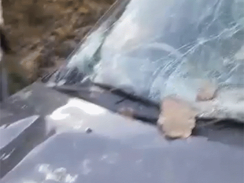 सोलन-माइपुल सड़क पर लैंडस्लाइड के बाद ऑल्टो गाड़ी पर गिरे पत्थर। गनीमत यह रही कि कार में सवार व्यक्ति को चोट नहीं पहुंची।