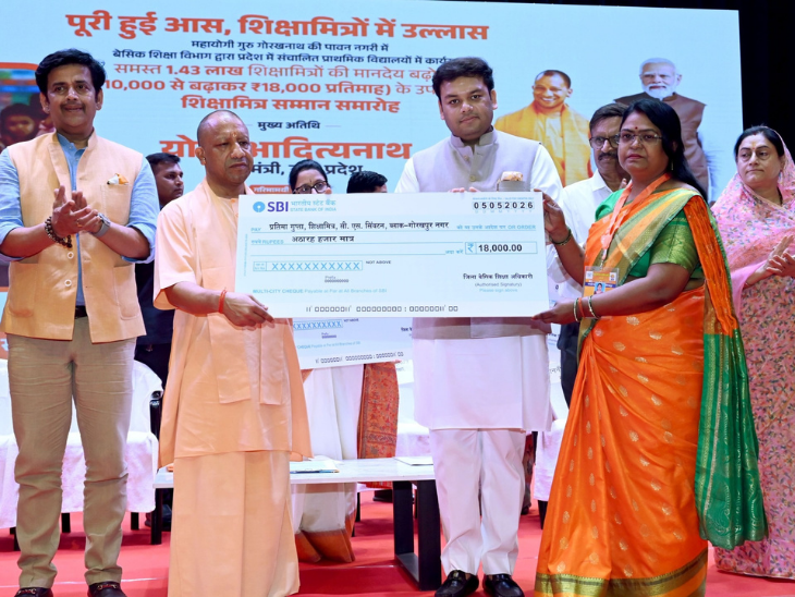 Chief Minister Yogi Adityanath handed over checks of increased honorarium to Shiksha Mitras at a ceremony on May 5.