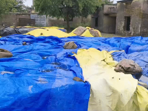 तस्वीर गाजीपुर की है। यहां बारिश में क्रय केंद्रों पर रखी गेहूं की फसल भीग गई।