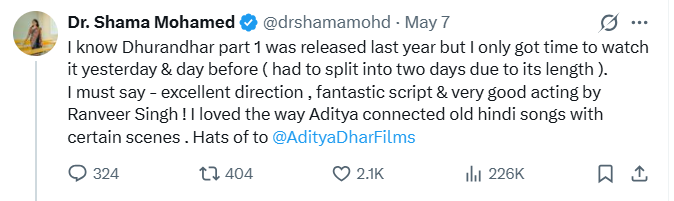 Shama Mohammed's post in praise of the film Dhurandhar.