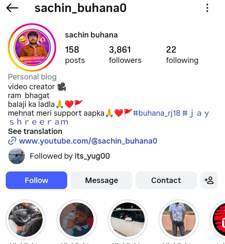 Sachin Buhana has over three and a half thousand followers on Instagram.