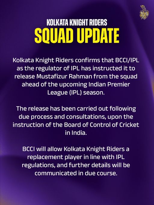 KKR ने इस पोस्ट के लिए मुस्तफिजुर रहमान को IPL से बाहर कर दिया।
