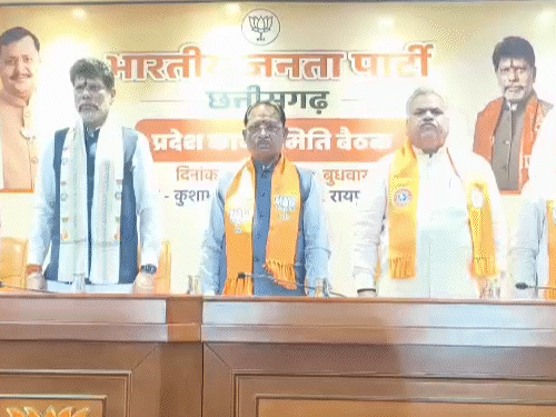 बुधवार को प्रदेश कार्यसमिति की बैठक में किरणदेव सिंह, सीएम साय।