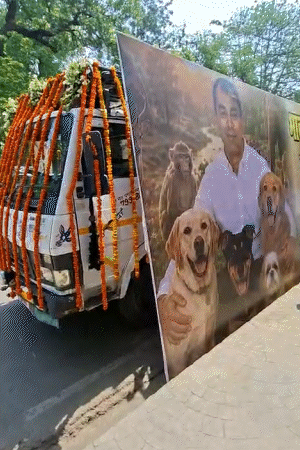 प्रतीक की डॉग्स और बंदर के साथ वाली तस्वीर शव वाहन पर लगाई गई है।