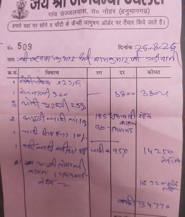 Bill of jewelry given by Krishna Kumar of Rajasthan to Rampal and his daughters.