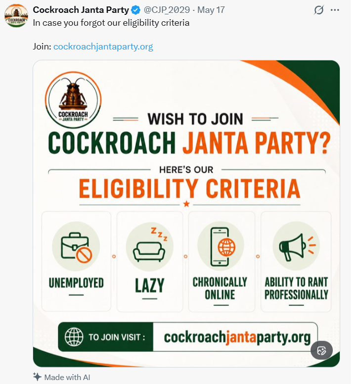 आज का एक्सप्लेनर:  कॉकरोच जनता पार्टी ने 5 दिन में बीजेपी-कांग्रेस को पछाड़ा, इंस्टा पर डेढ़ करोड़ फॉलोअर्स; ये सिर्फ मजाक है या बदलाव की आहट