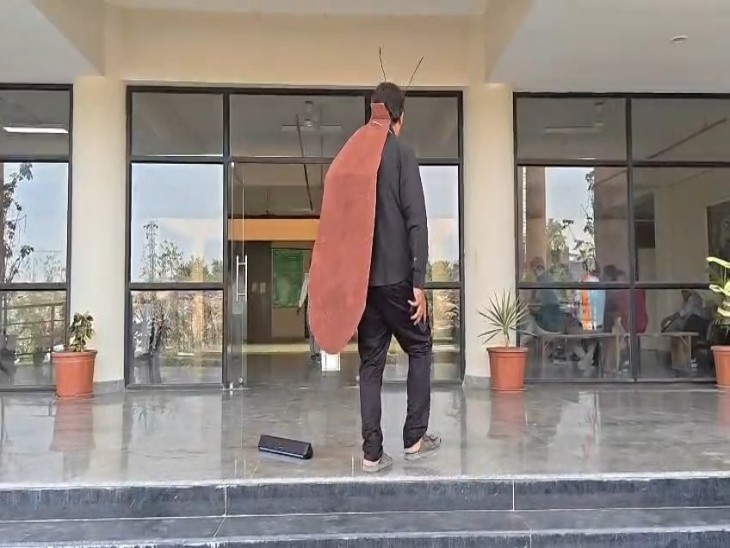 कॉकरोज की ड्रेस पहने युवक नगर निगम परिसर में नाचते-गाते हुए पहुंचा और यमुना में गिर रहे गंदे पानी के खिलाफ नाराजगी जताई।