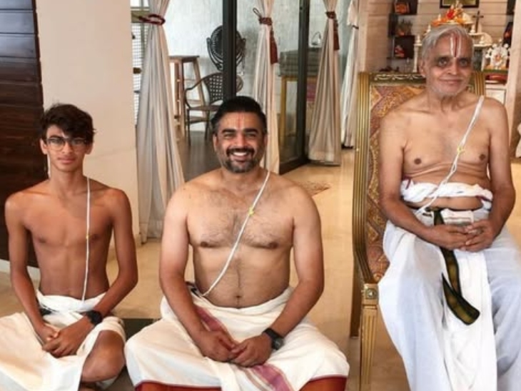 आर माधवन के बेटे और पिता के साथ उनकी तस्वीर।