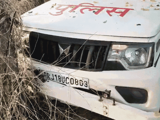 पुलिस की गाड़ी पेड़ से टकरा गई थी।