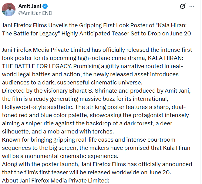 Amit Jani's tweet regarding the film.