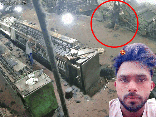 CCTV फुटेज में पीछे की ओर मशीन पर करंट लगने से गिरता हुआ युवक दिखाई दे रहा है। इनसेट में मृतक गौरव की फाइल फोटो। - Dainik Bhaskar