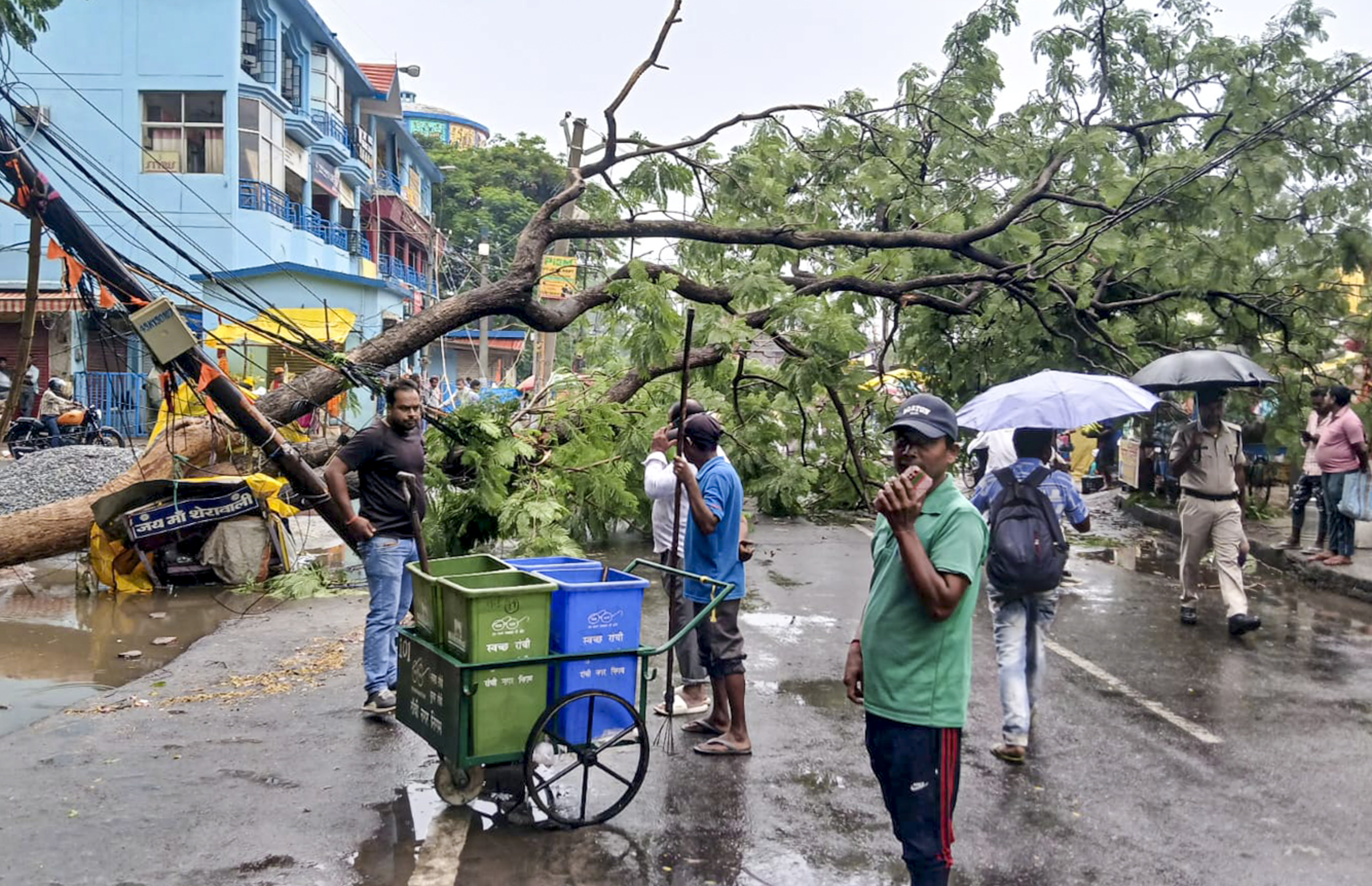 झारखंड के रांची में तेज आंधी के कारण पेड़ उड़ख गया। यहां बारिश भी हुई।
