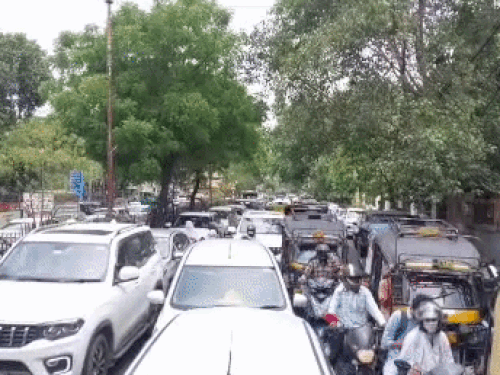 रोड जाम करने के बाद गाड़ियों की लगी लाइन।