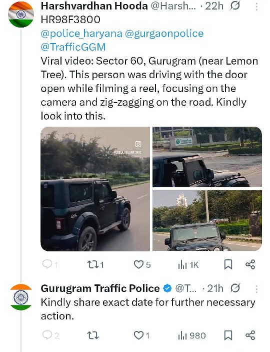 गुरुग्राम ट्रैफिक पुलिस ने ट्वीट कर जानकारी जुटाने की बात कही।