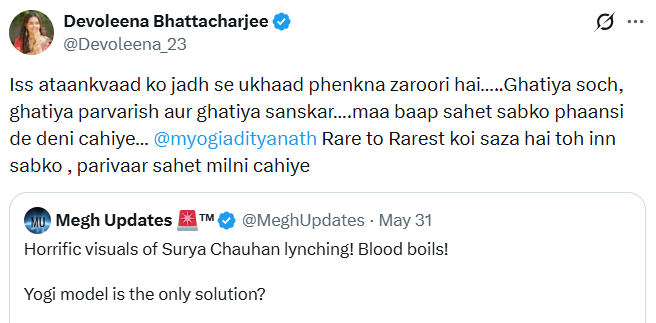 While replying to a post, Devoleena wrote a post regarding Surya murder case.