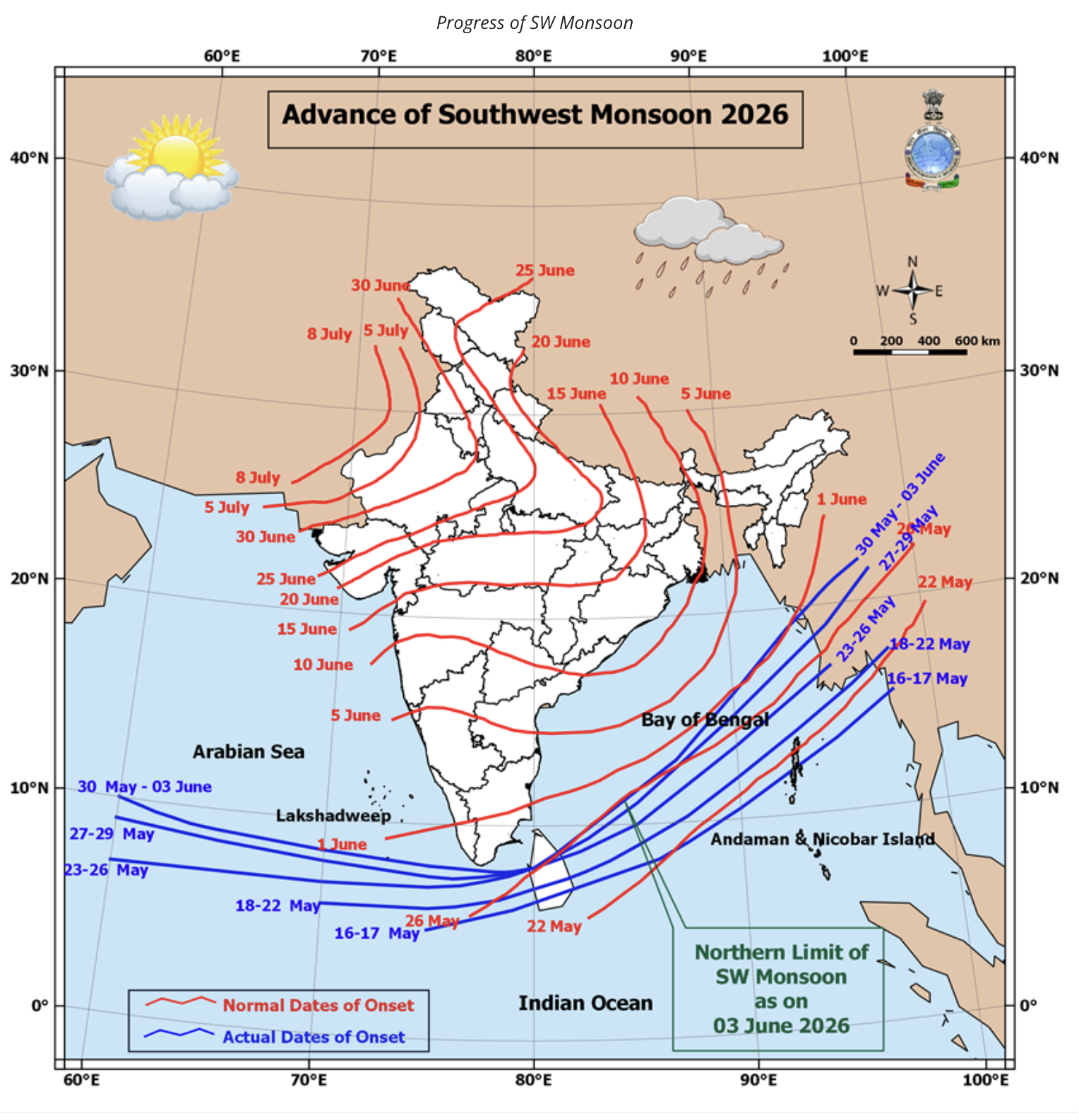 लाल लाइन- यह मानसून की अनुमानित तारीख को बता रही है। नीली लाइन- यह मानसून पहुंचने की वास्तविक तारीख है। मैप सोर्स- IMD