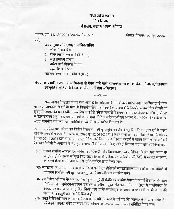 वित्त विभाग द्वारा जारी आदेश।