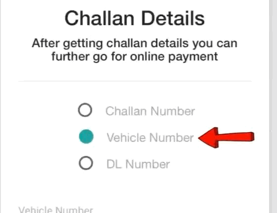 वाहन नंबर भरें स्क्रीन पर तीन विकल्प दिखाई देंगे Challan Number, Vehicle Number, और DL Number। इनमें से दूसरे विकल्प Vehicle Number को चुनें।और अपने वाहन का नंबर दर्ज करें,