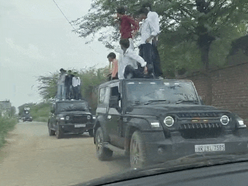 थार गाड़ी की छत पर चढ़कर स्टंटबाजी करते बाराती।